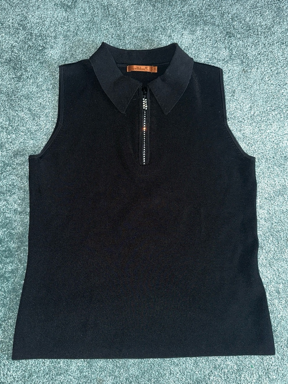 Belldini Women’s Black  Rhinestone Embellished Quarter Zip Sleeveless Polo Sz PL